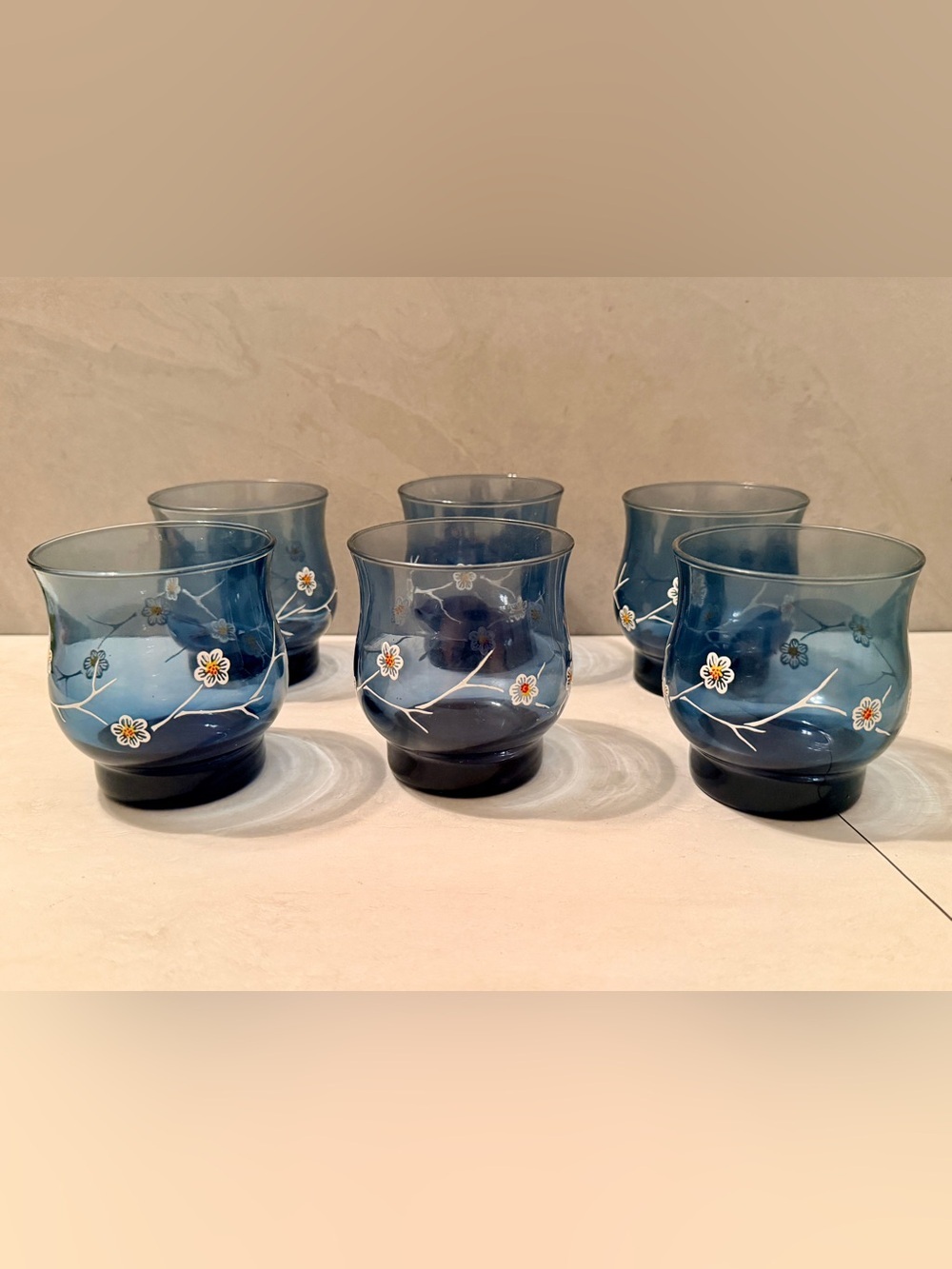 Vintage Libbey Smokey Blue Dogwood Floral Low Ball Glasses Set of Six Excellent